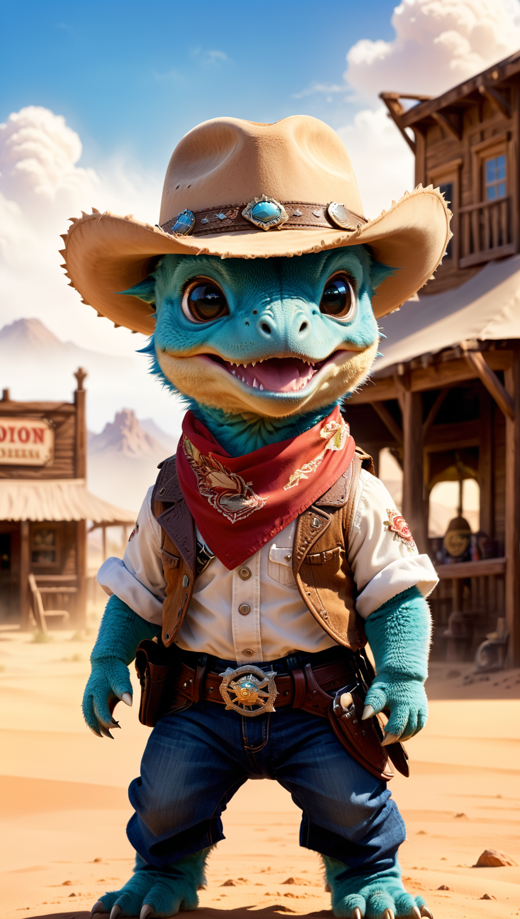 00252-3459883267-An adorable and fluffy baby dinosaur, cowboy, bandana over mouth, western, desert, with a western village and saloon, sandstorm,.png